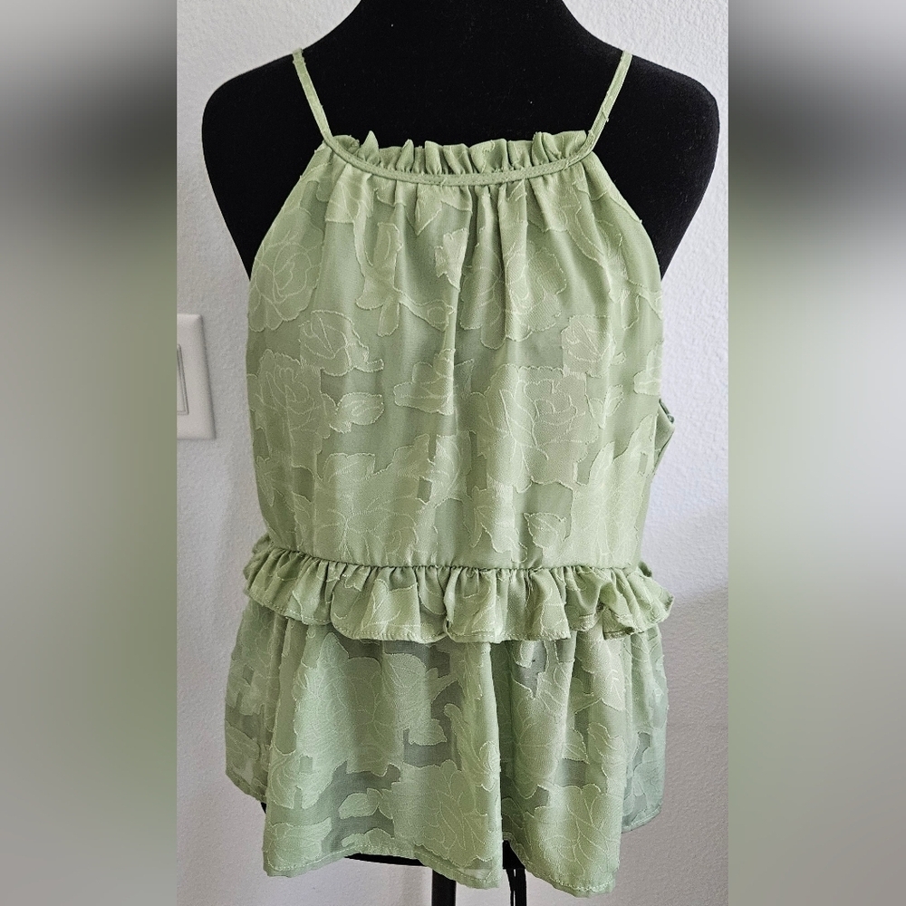 Mi Ami Sage Green Floral Peplum Tank Top Tie Back Cottagecore Size L